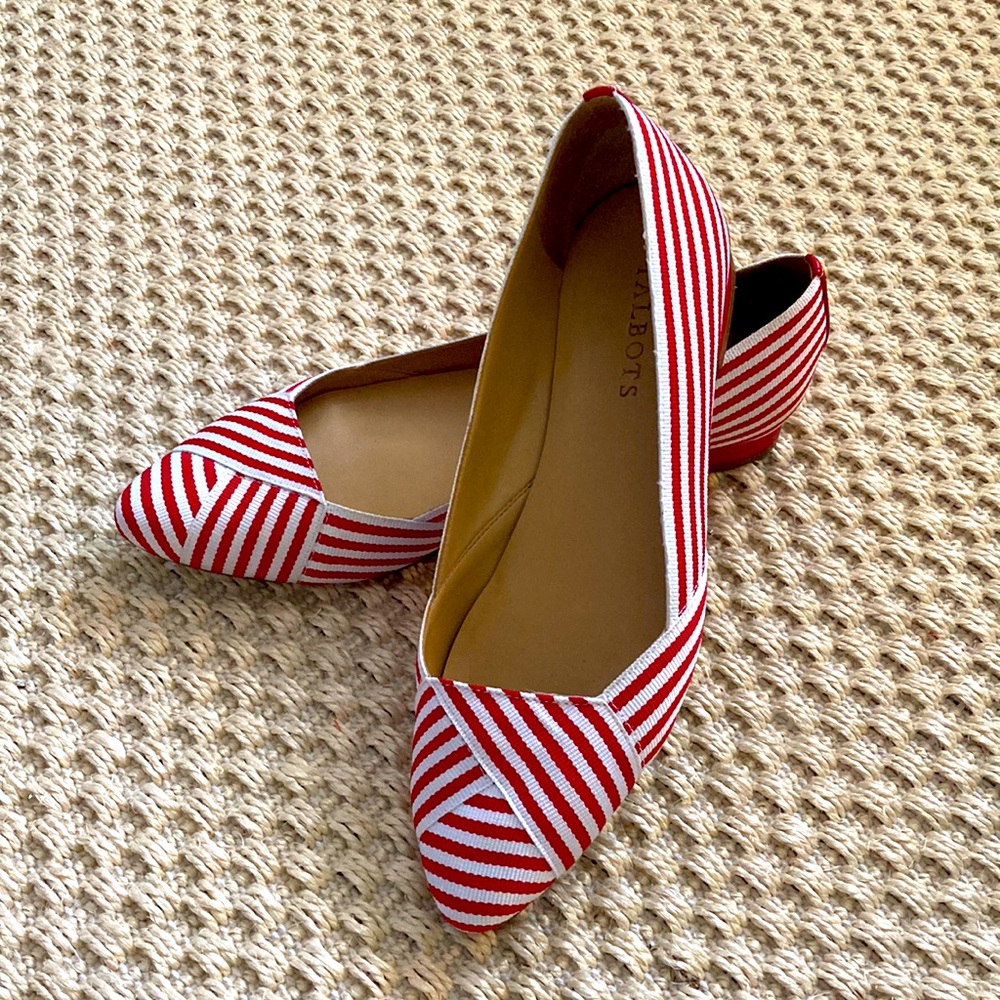 ✨GONE TOMORROW✨ TALBOTS Red White Stripe Grosgrain Leather Flats, 7.5